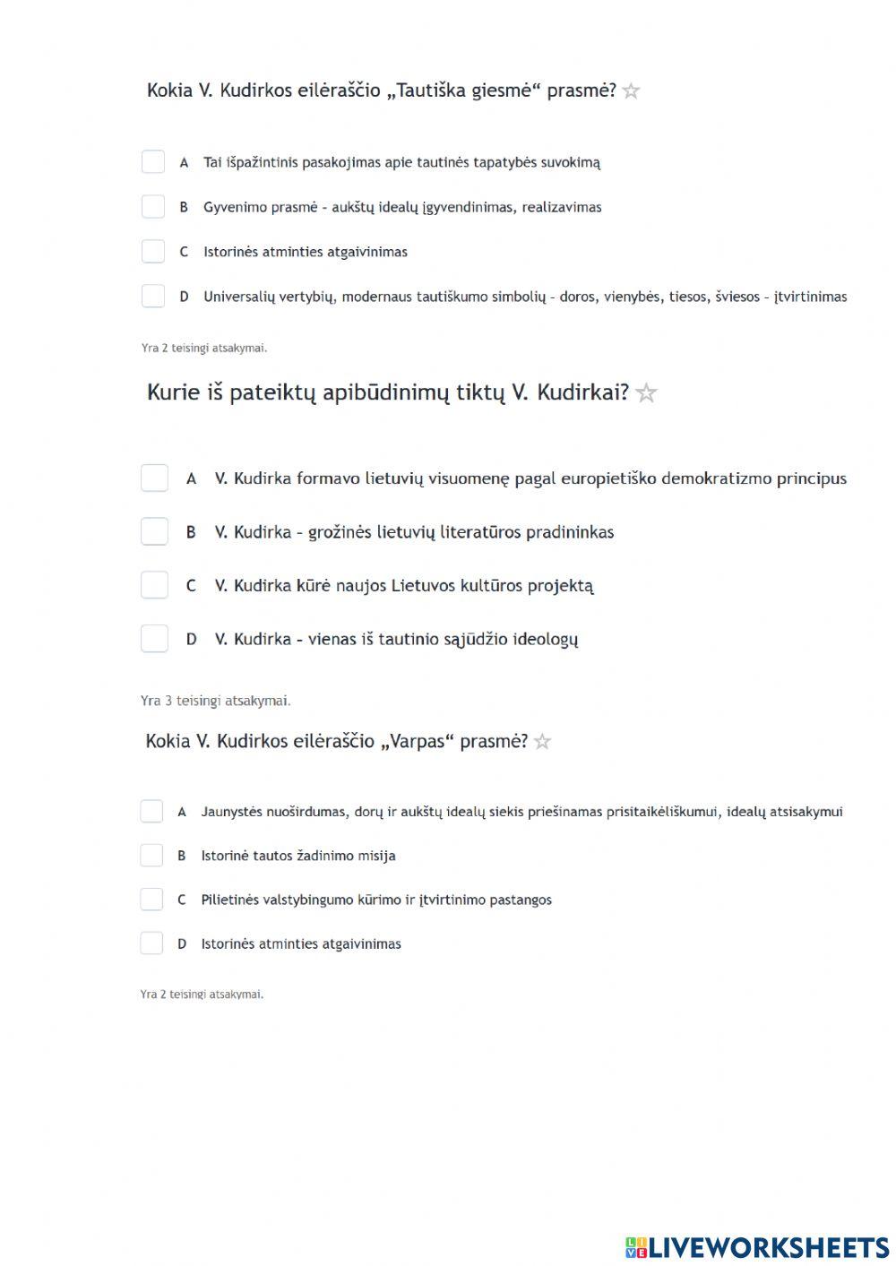 Mokausi: Apibūdinti V. Kudirkos asmenybės ir kūrybos svarbą