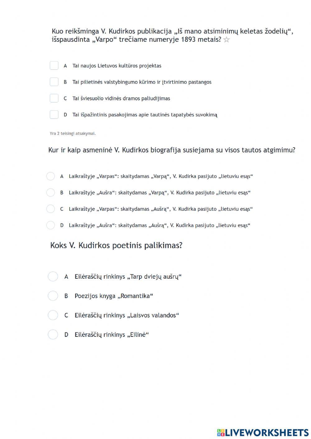 Mokausi: Apibūdinti V. Kudirkos asmenybės ir kūrybos svarbą