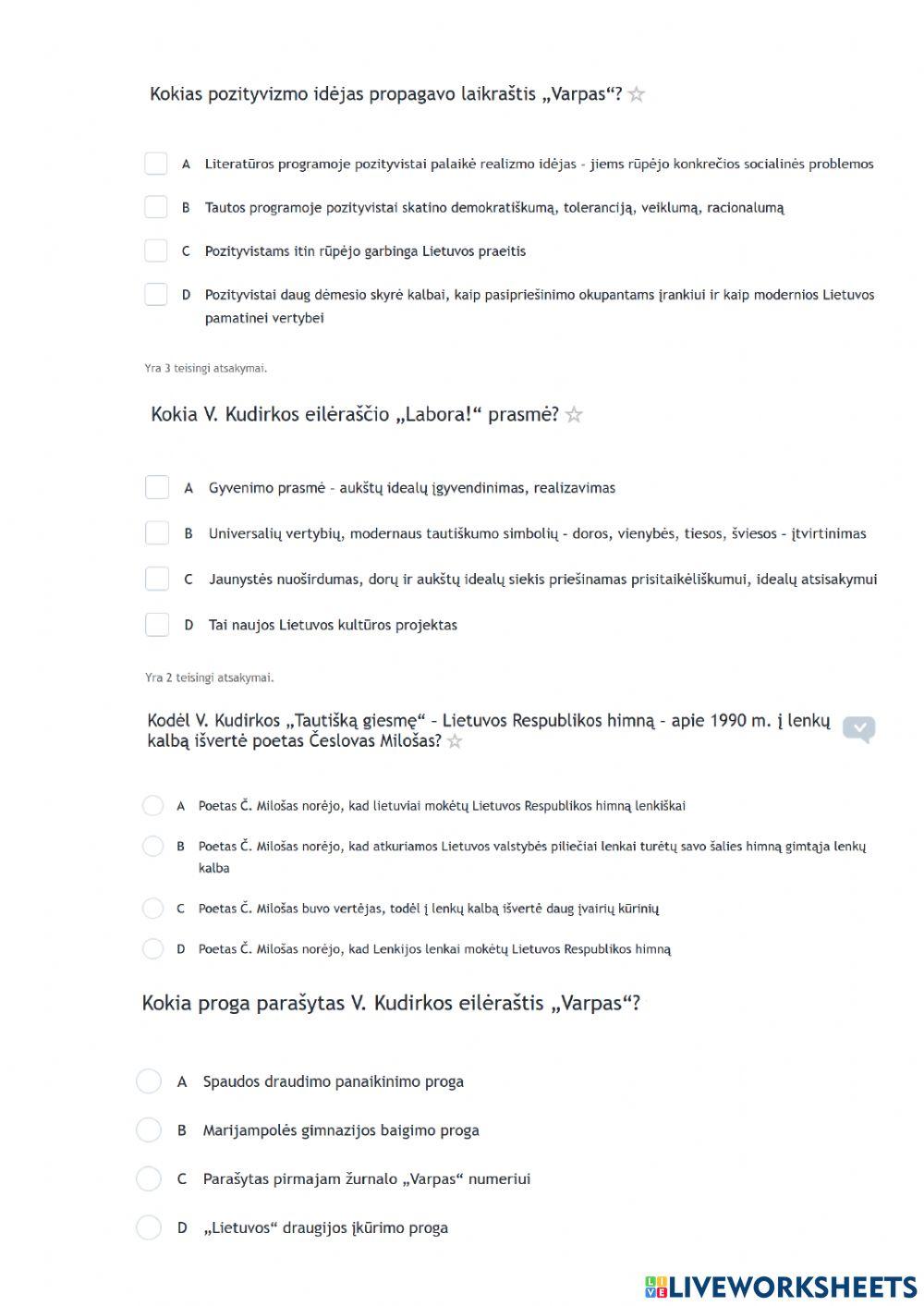 Mokausi: Apibūdinti V. Kudirkos asmenybės ir kūrybos svarbą