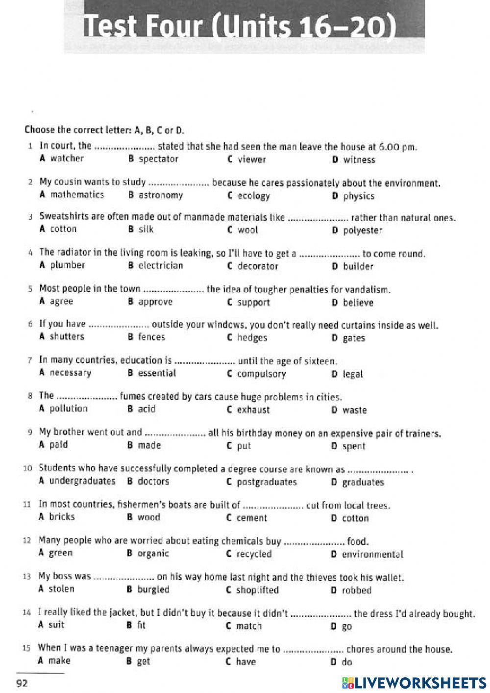 FCE FIRST B2 FINAL VOCABULARY TEST