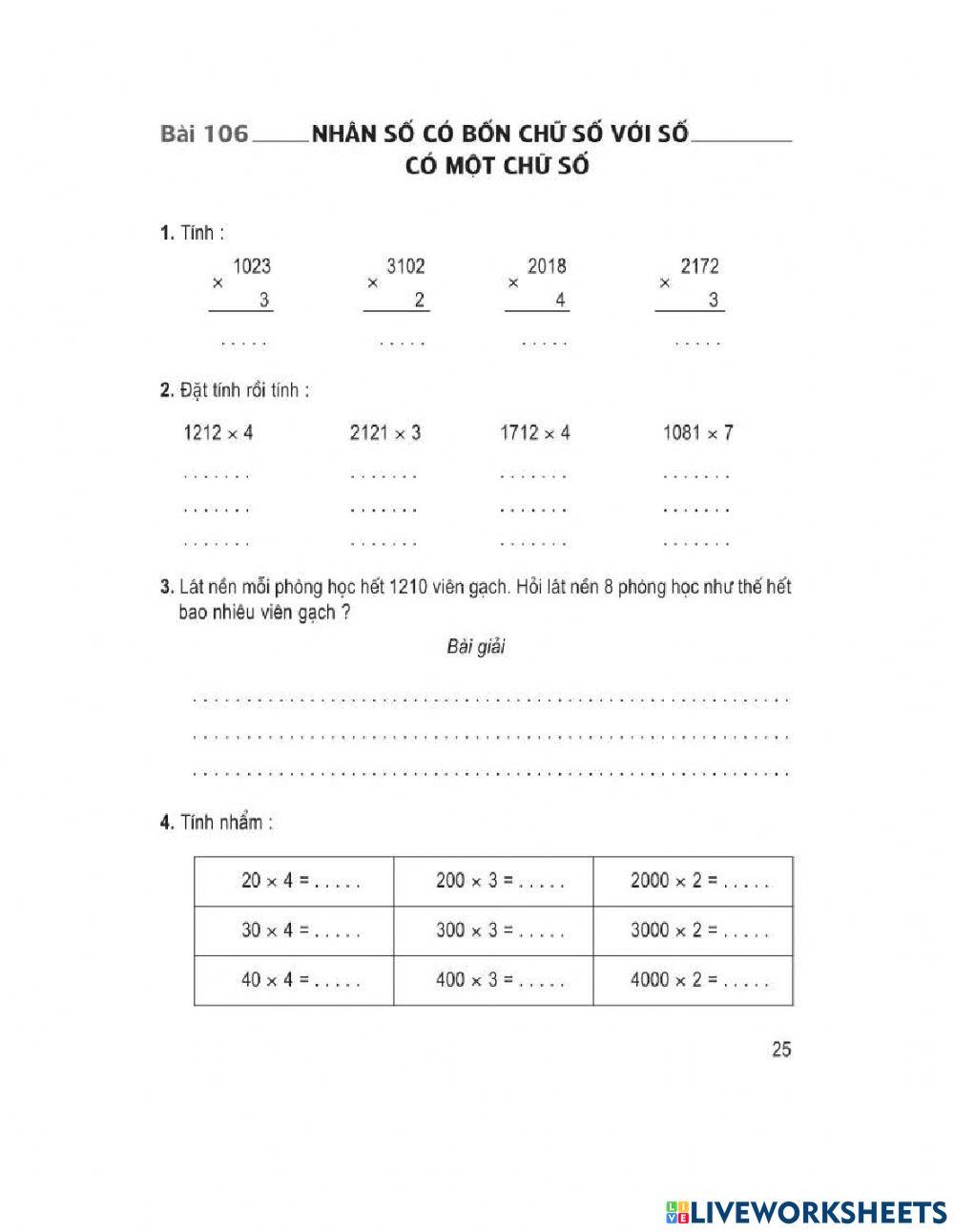 Nhân số có 4 chữ số với số có 1 chữ số