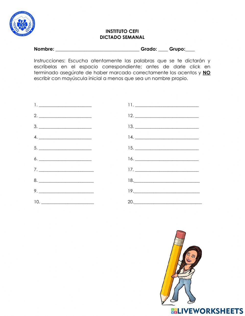 Dictado palabras 1 a 20