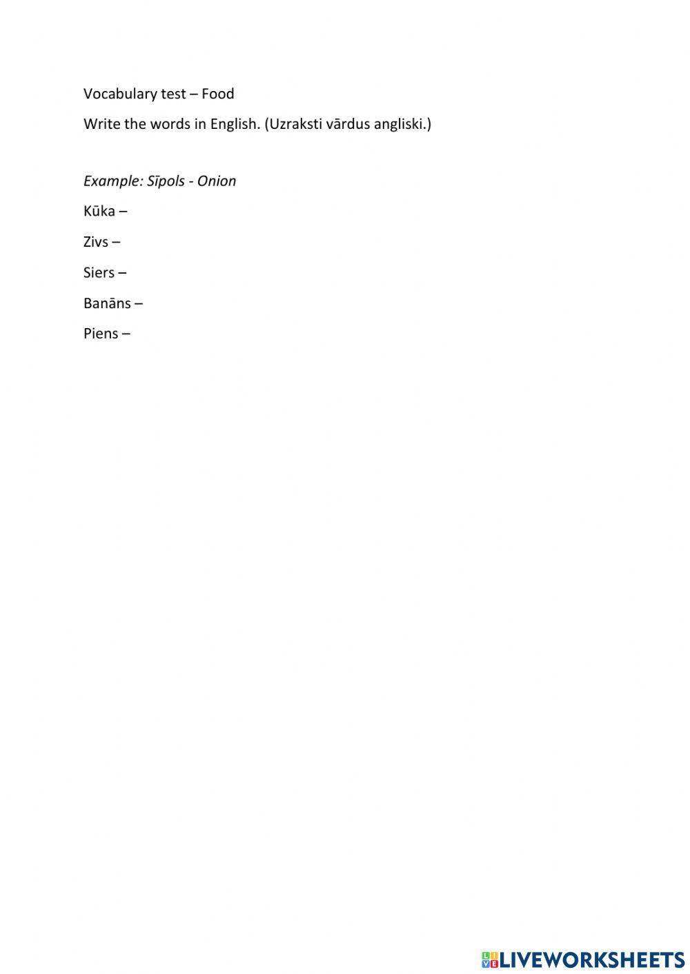 Test vocabulary - food