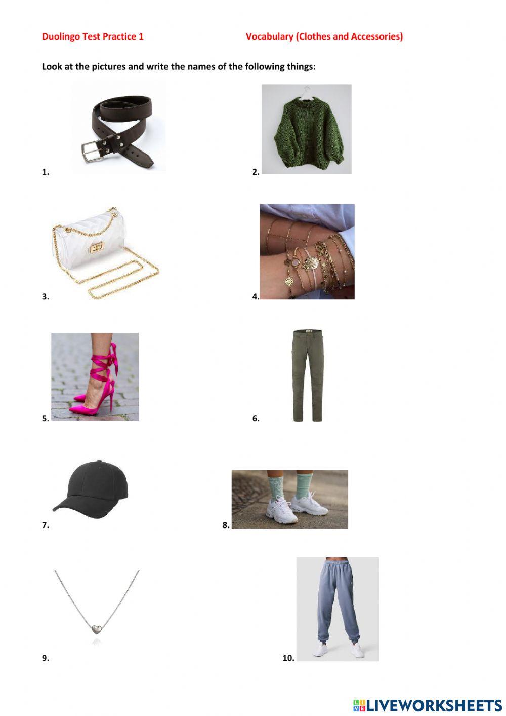 Duolingo practice 1 Vocabulary clothes and Accessories