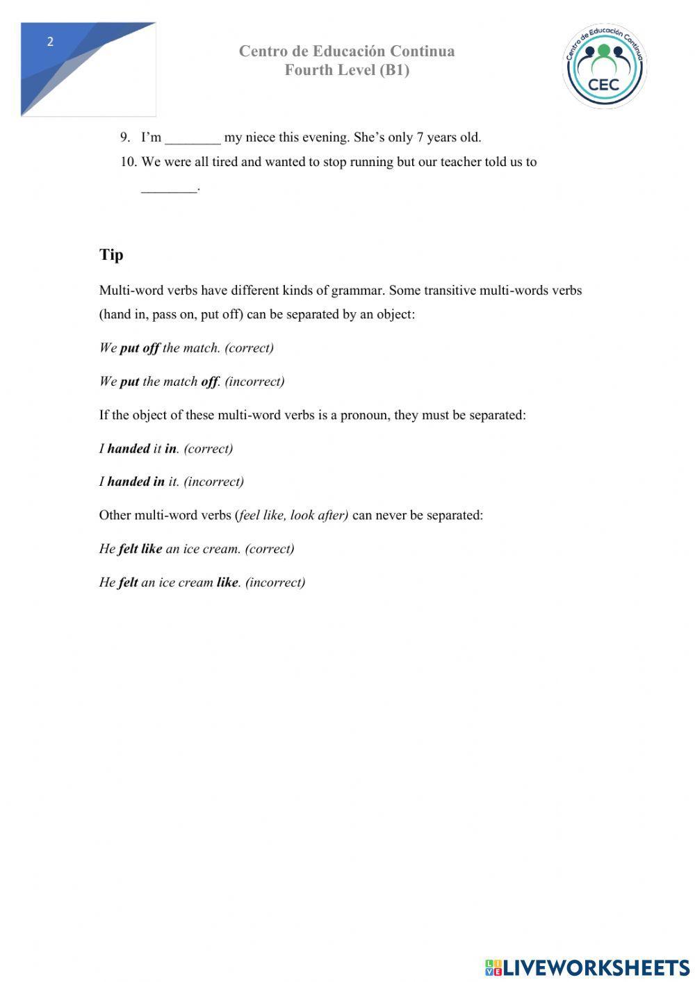 Empower b1 lesson 10a - multiword verbs