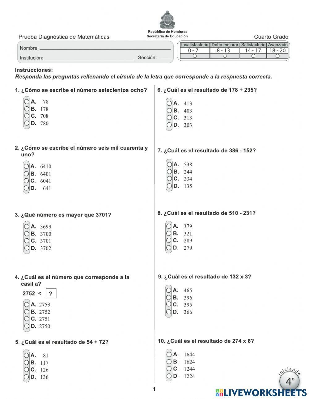 Prueba diagnostica matematicas cuarto grado