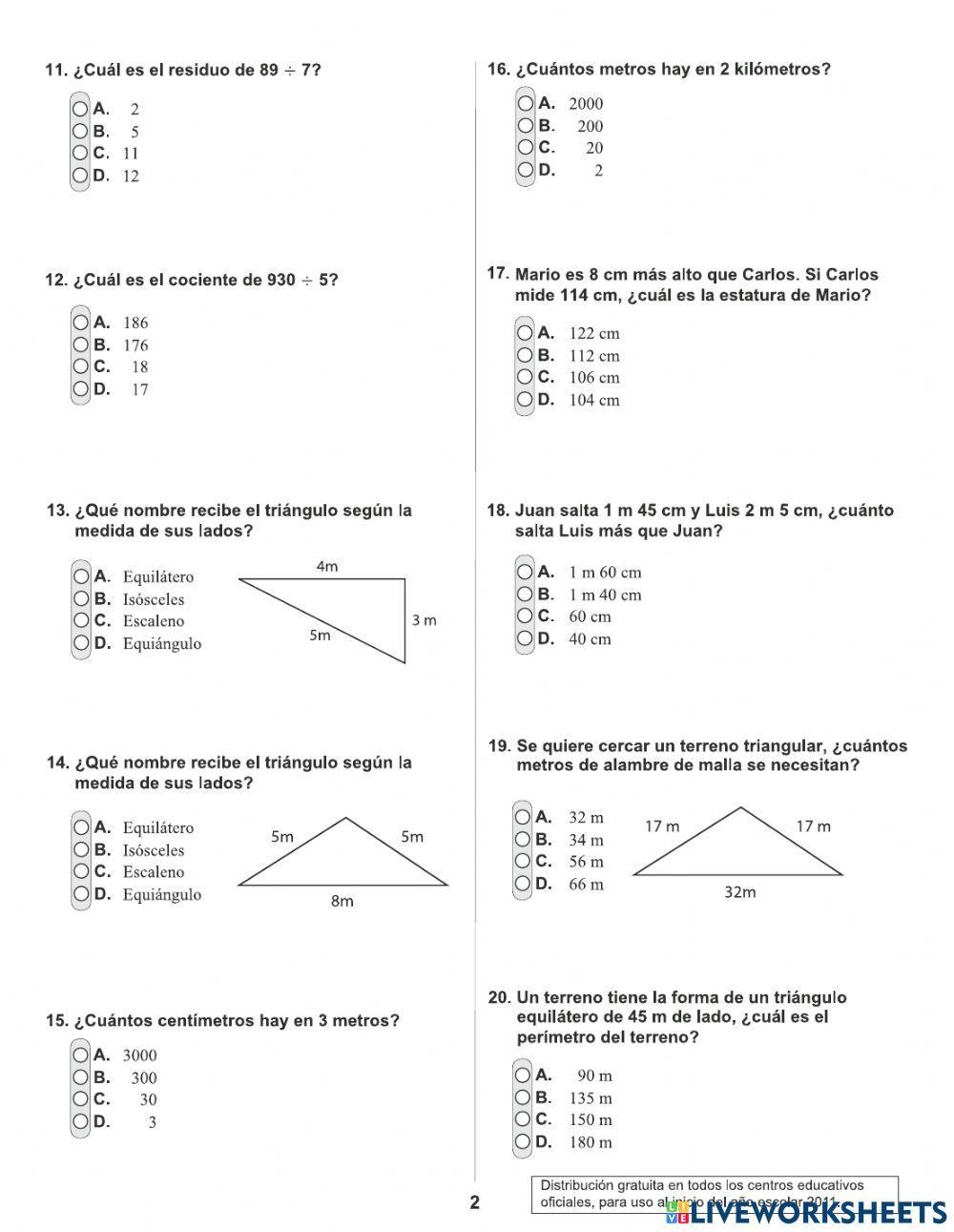 Prueba diagnostica matematicas cuarto grado