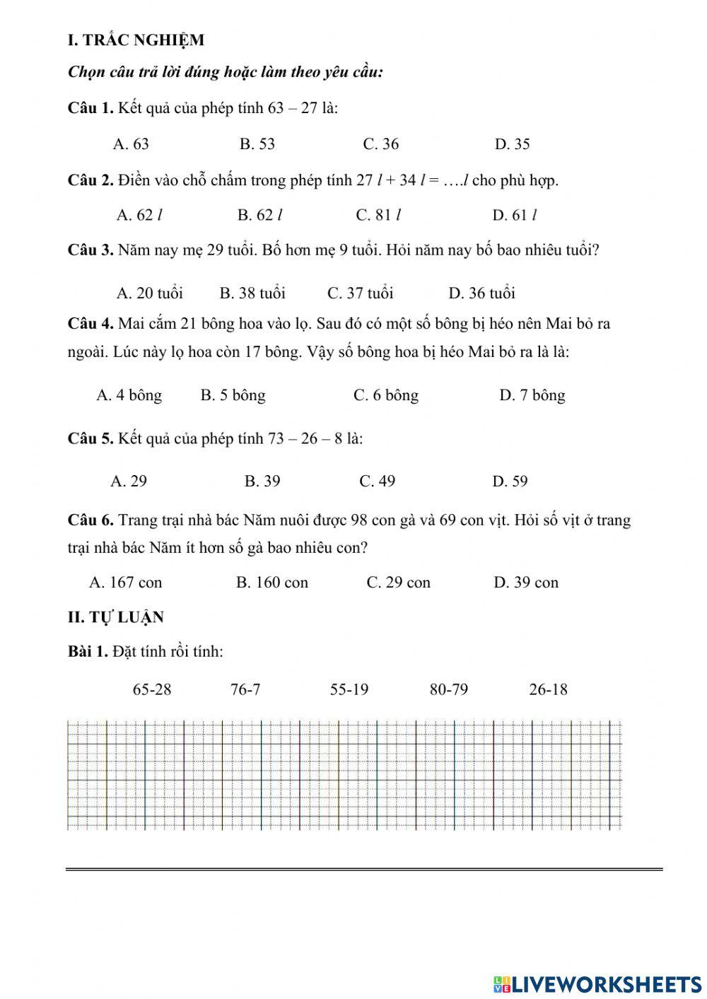 Ôn tập toán lớp 2