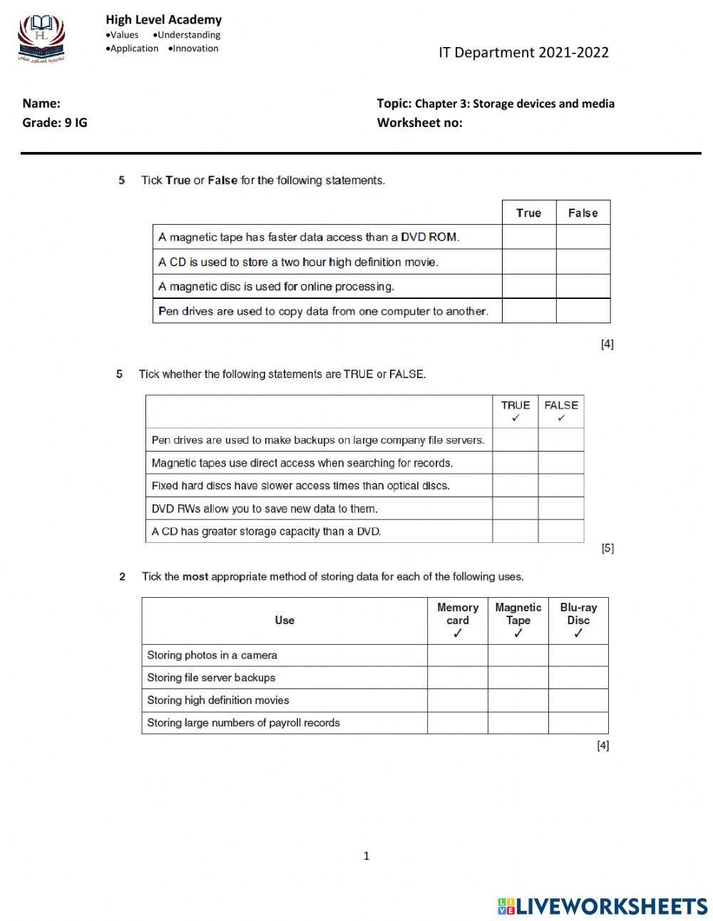 9IG - ICT- Storage Devices and Media worksheet
