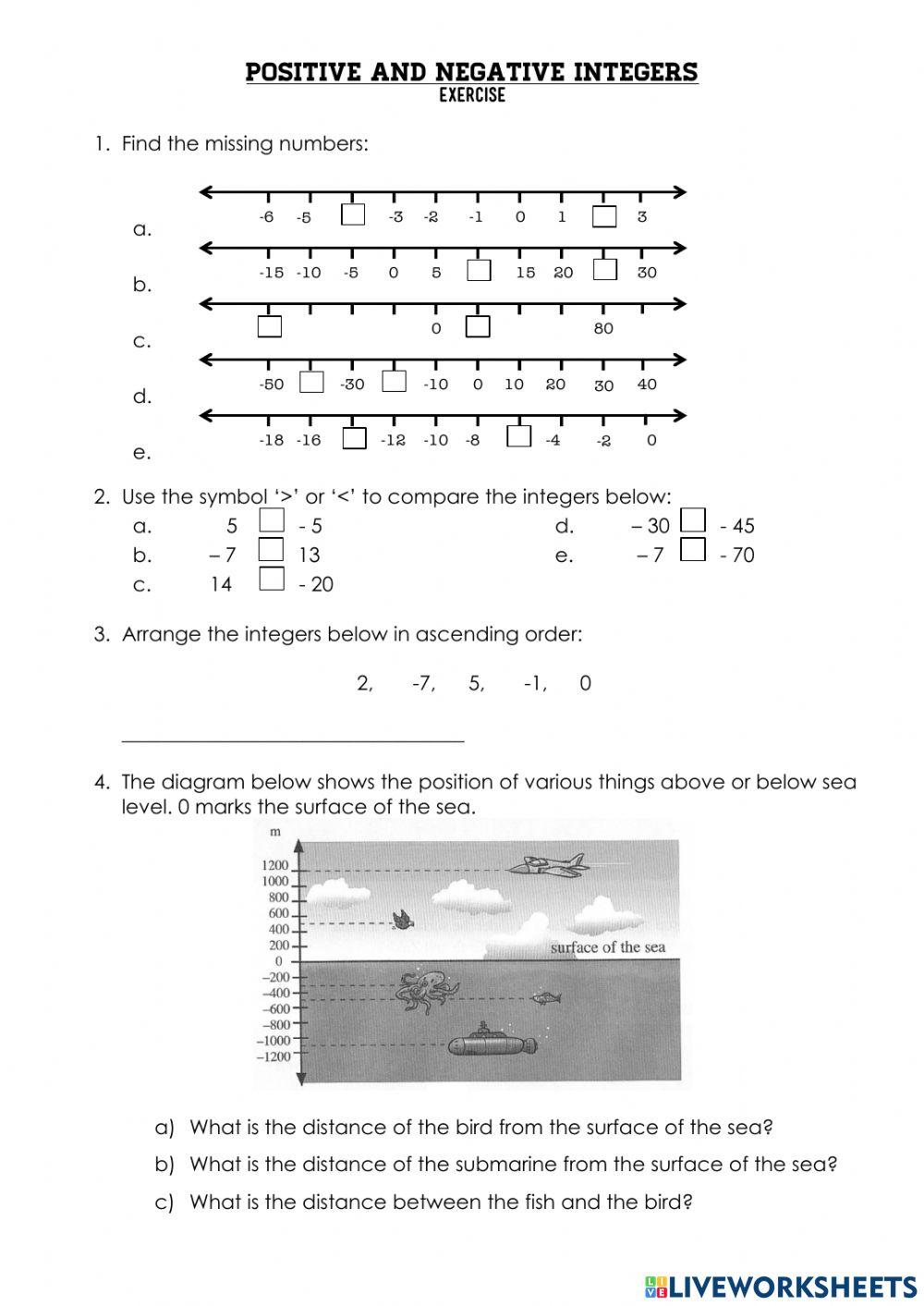 Positive and Negative Integers worksheet Live Worksheets