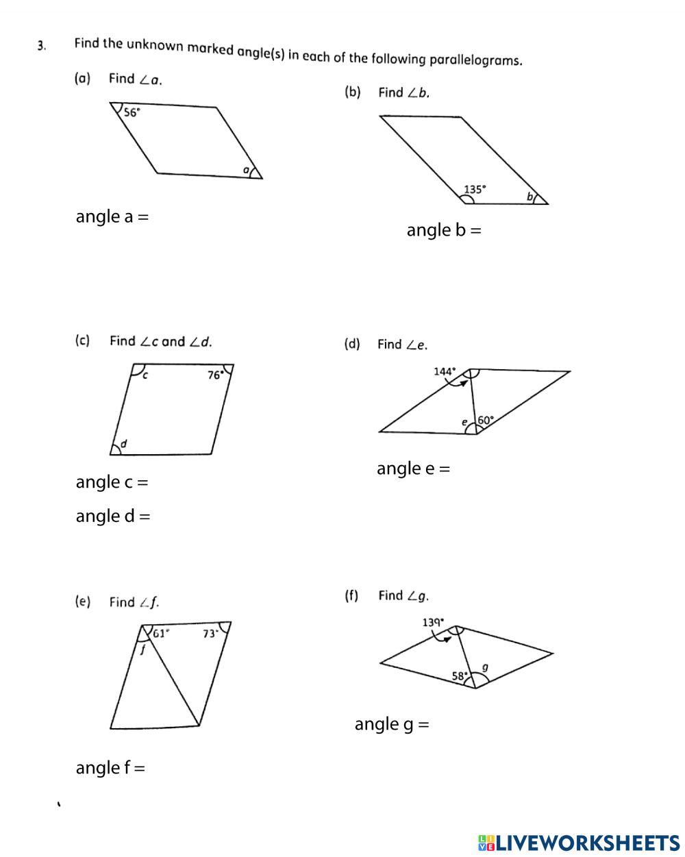 Find unknown marked angles parallelogram online exercise for live