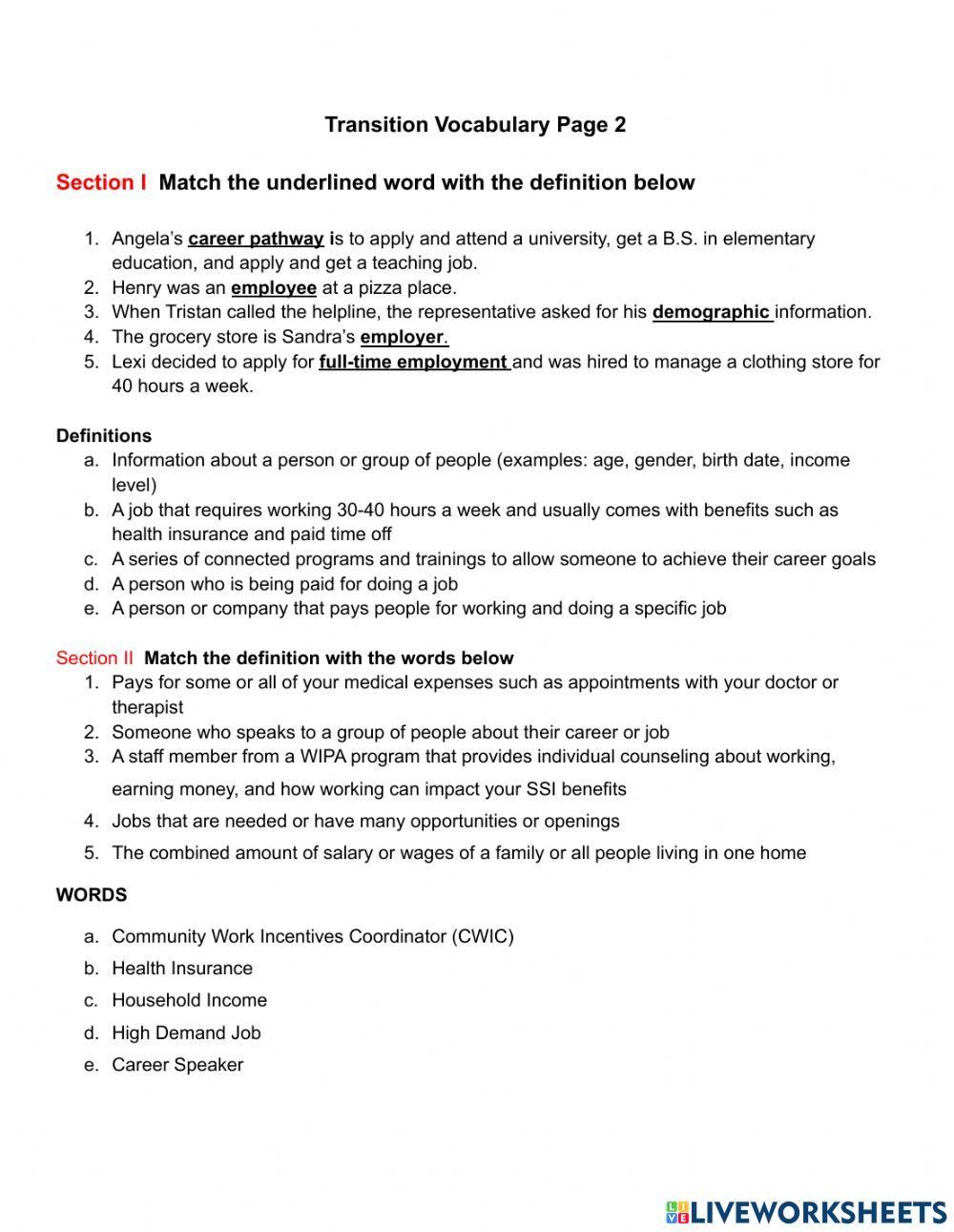 Transition vocabulary