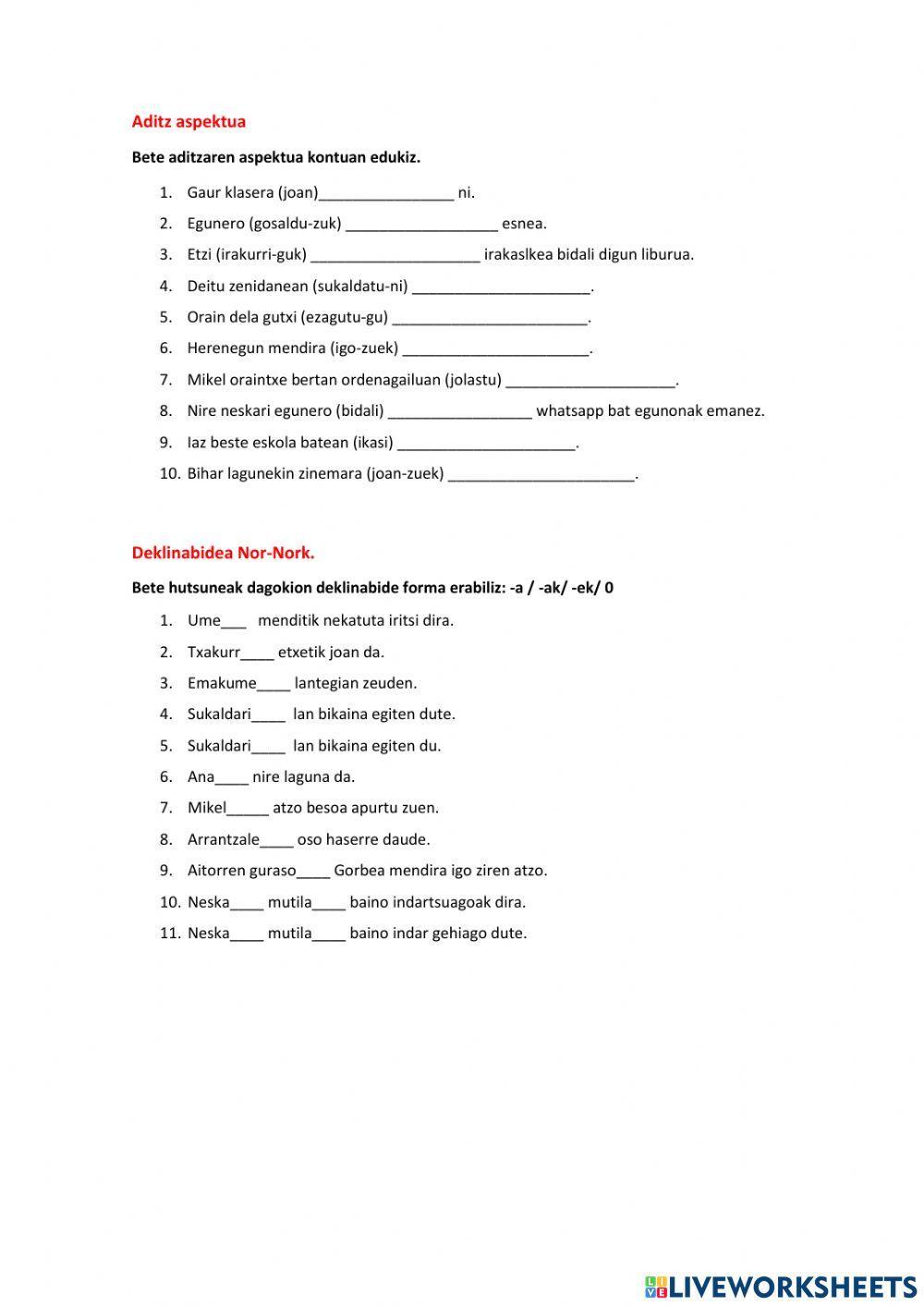 Aditzaren aspektua eta deklinabideak