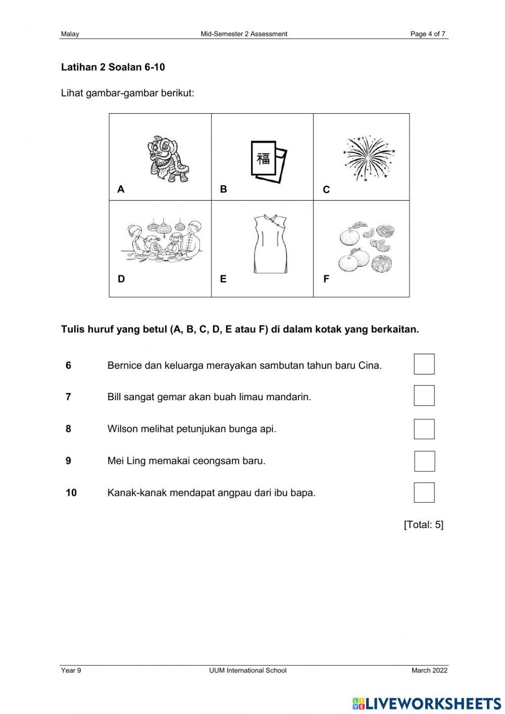 MALAY MID TERM ASSESSMENT (YEAR 9) online exercise for Live Worksheets