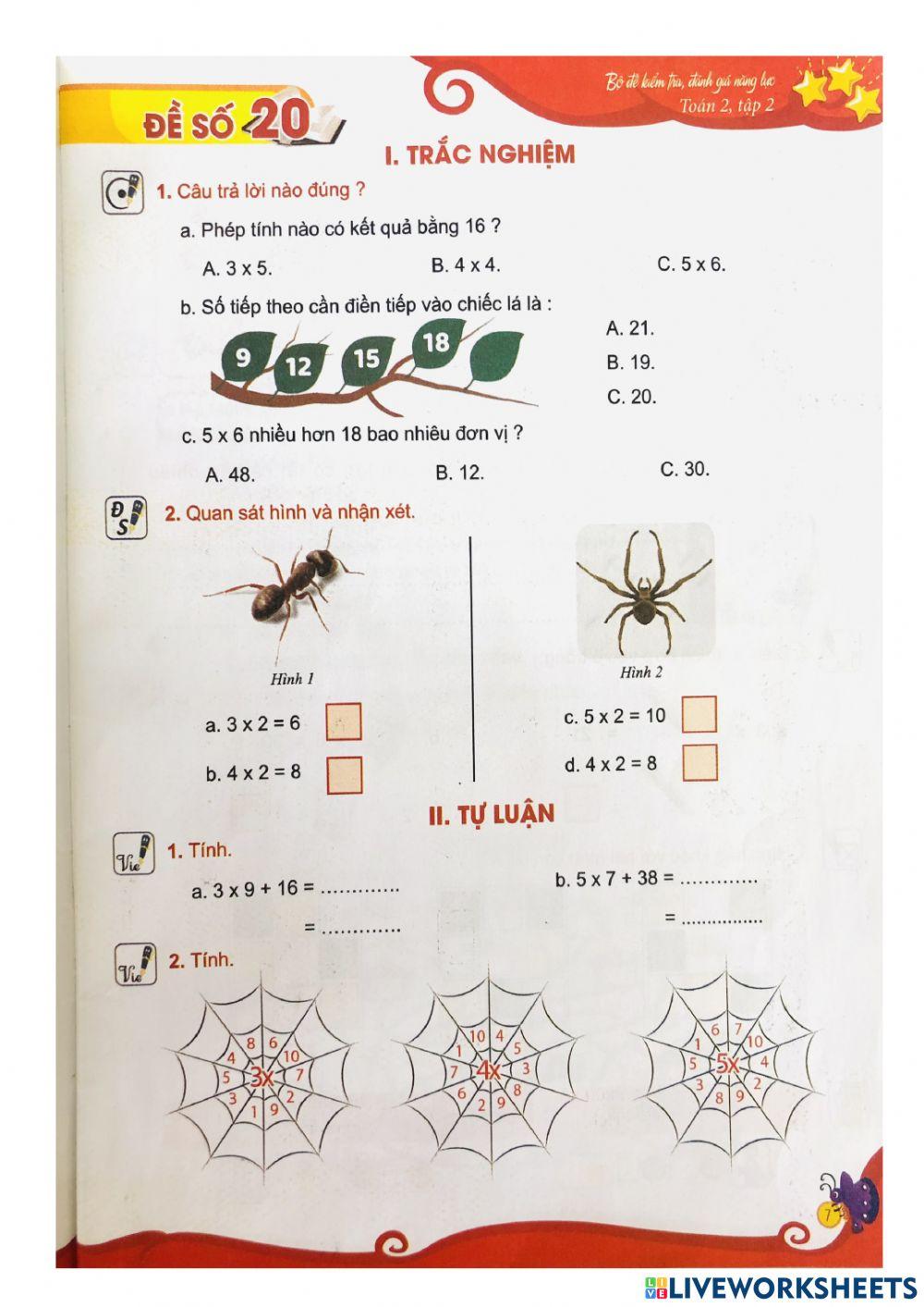 Lớp 2 - Toán - Đề kiểm tra - Tuần 20