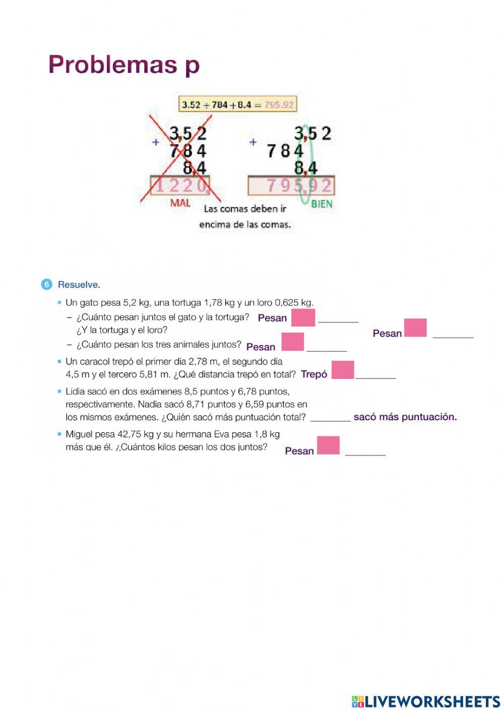 Problemas suma decimales