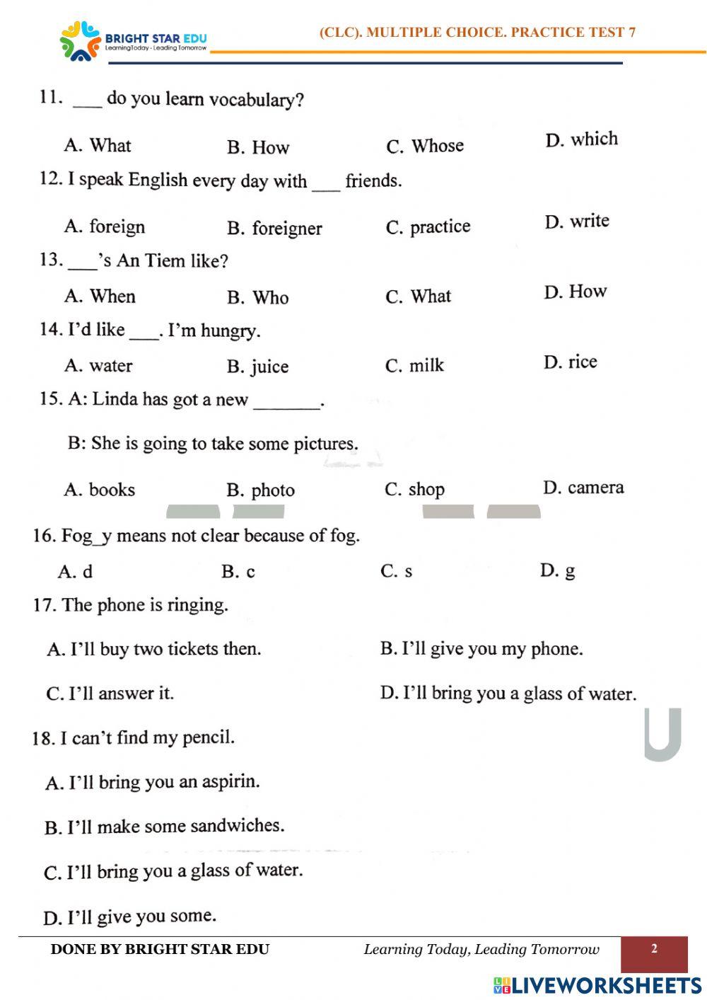 (CLC).Multiple choice. Practice test 7 worksheet Live Worksheets