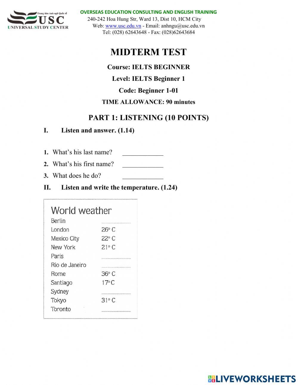 IELTS BEGINNER MIDTERM TEST