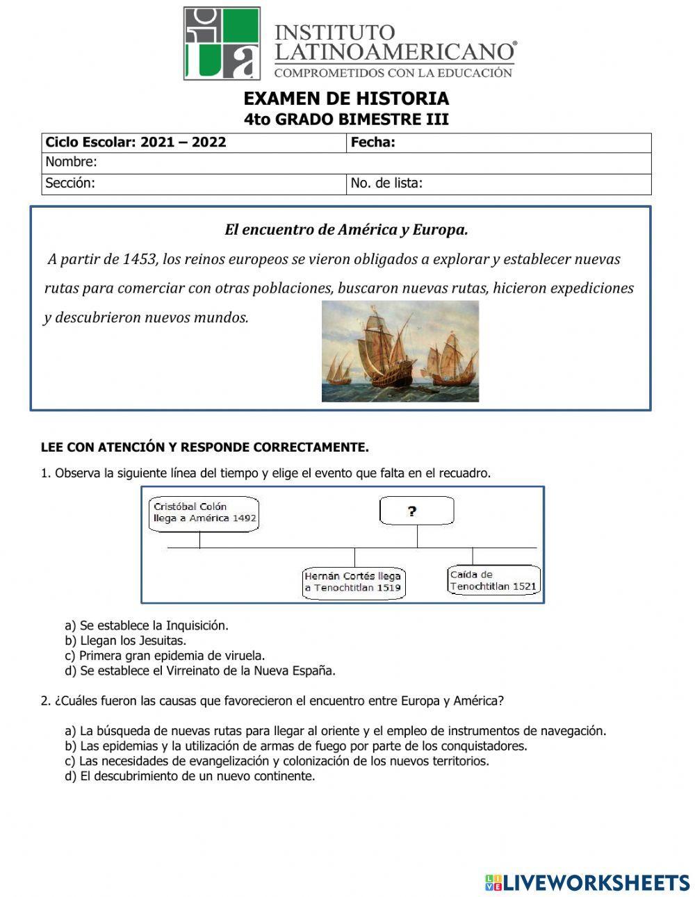 Examen bimestral de Historia.