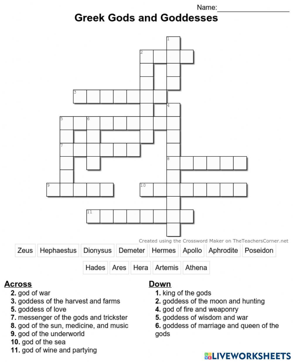 Greek Gods and Goddesses Crossword online exercise for Live Worksheets