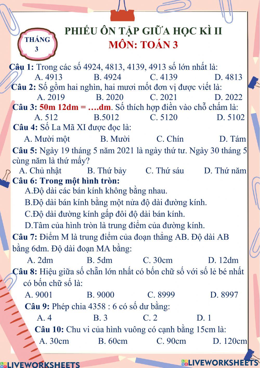 Đề 1 ôn tập toán 3 giữa học kì 2