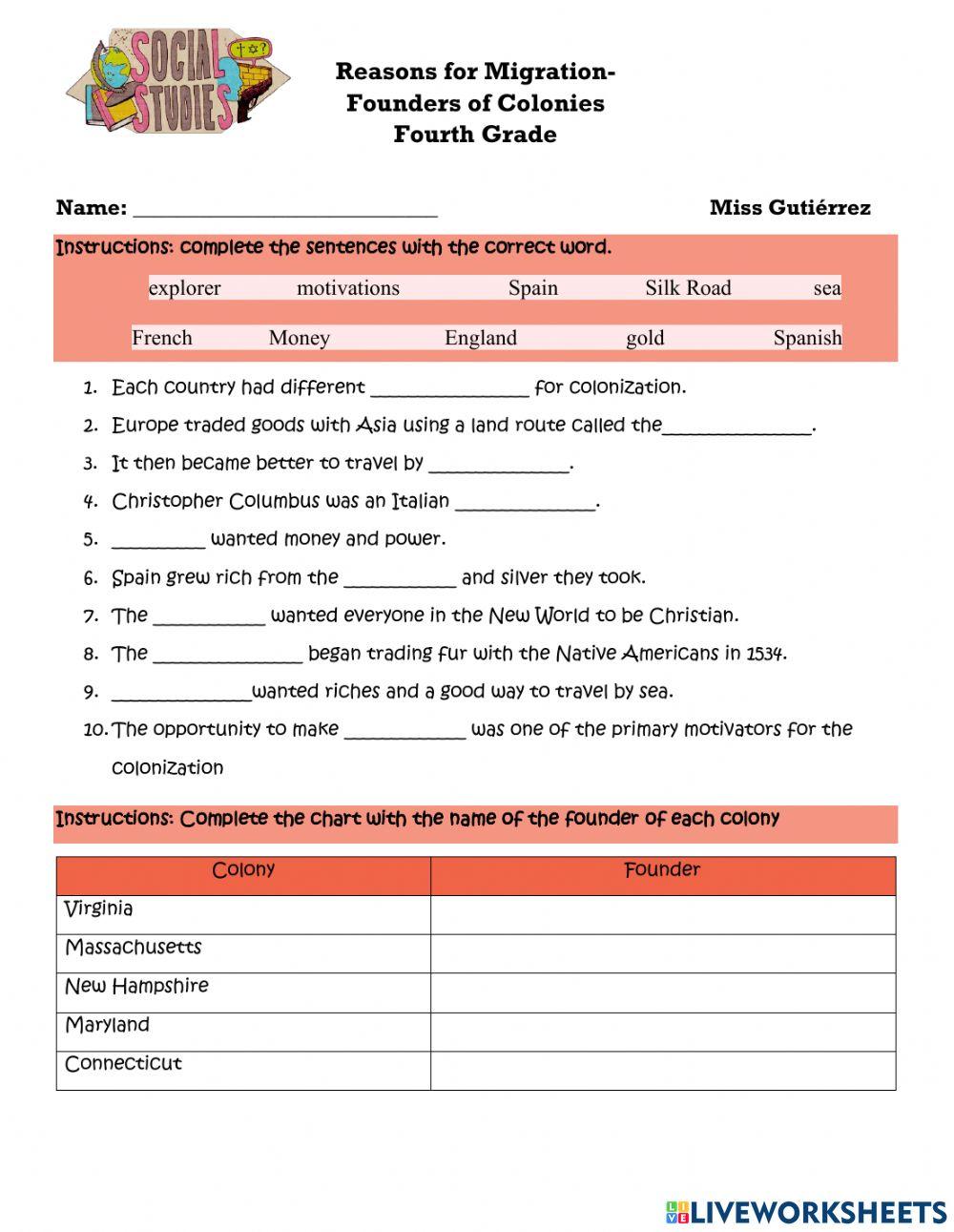 Reasons for migration founders of colonies worksheet live worksheets