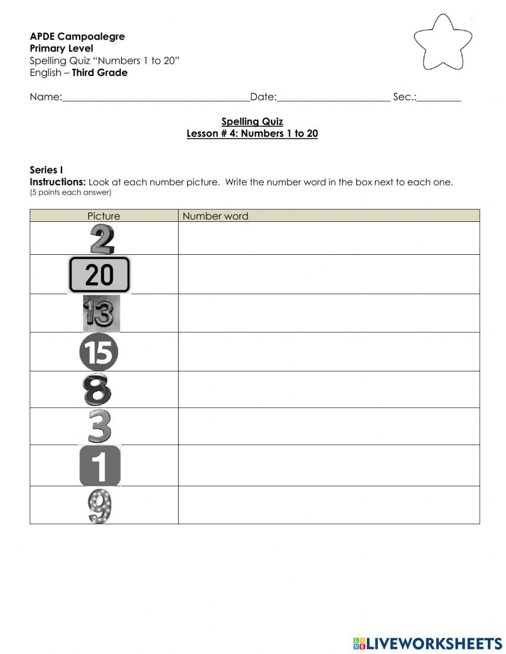 Spelling Lesson 4 - Numbers 1 to 20 Quiz
