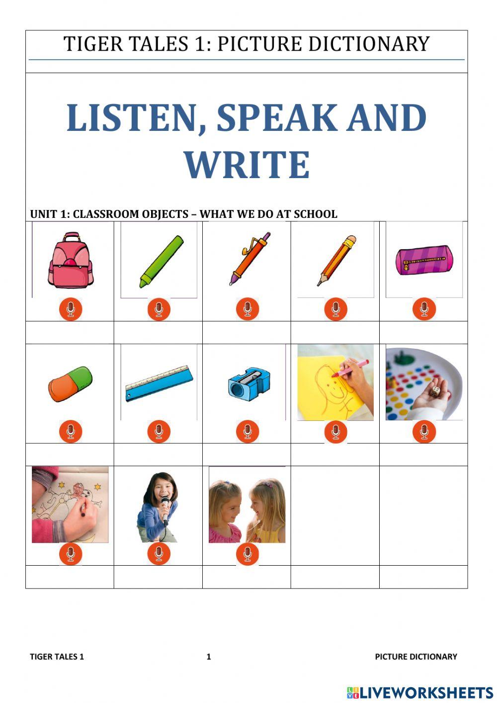 Escuchar decir y escribir objetos y actividades de colegio