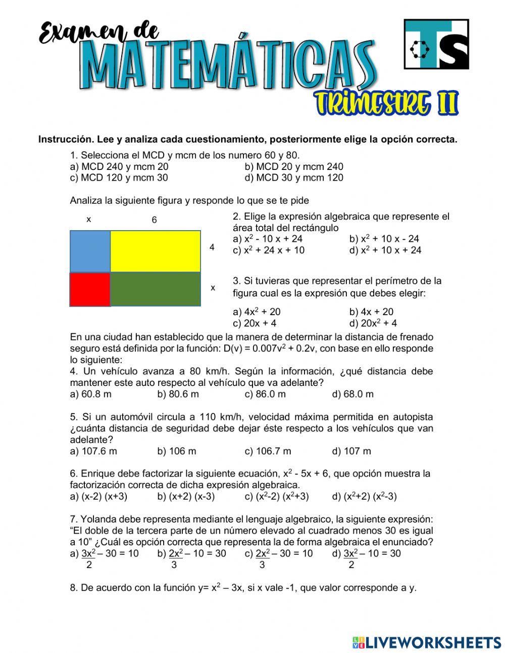 Cual Es La Tercera Parte De 30 Examen matematicas online pdf worksheet | Live Worksheets