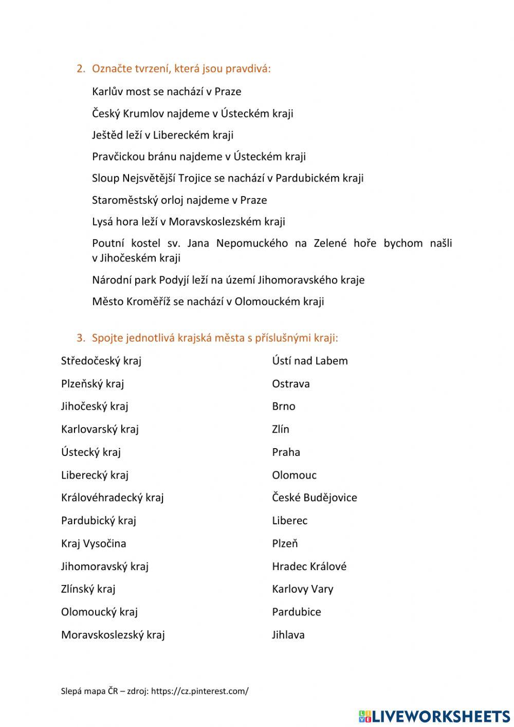 Pracovní list - kraje ČR