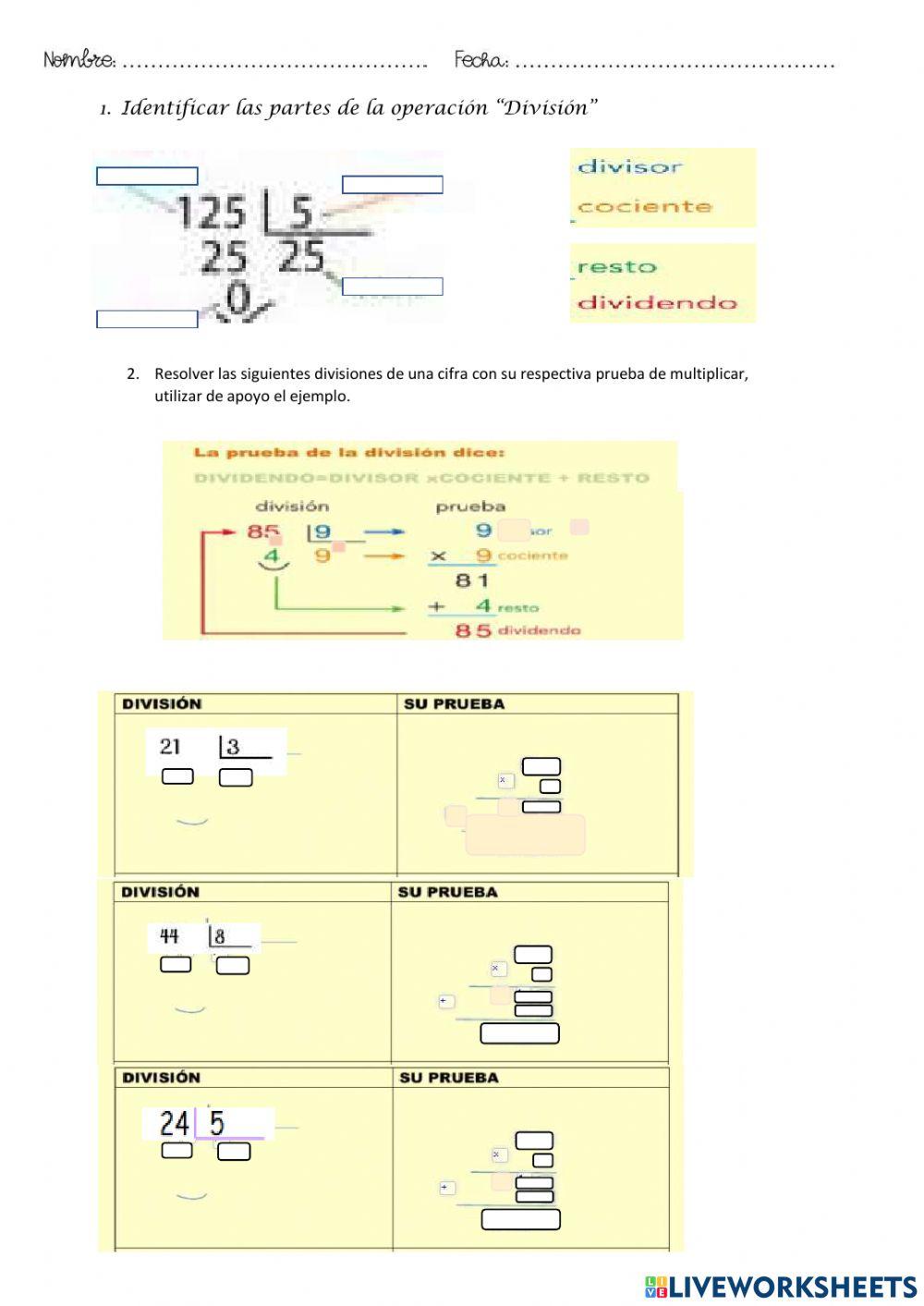 Divisiones de una cifra con prueba de multiplicar