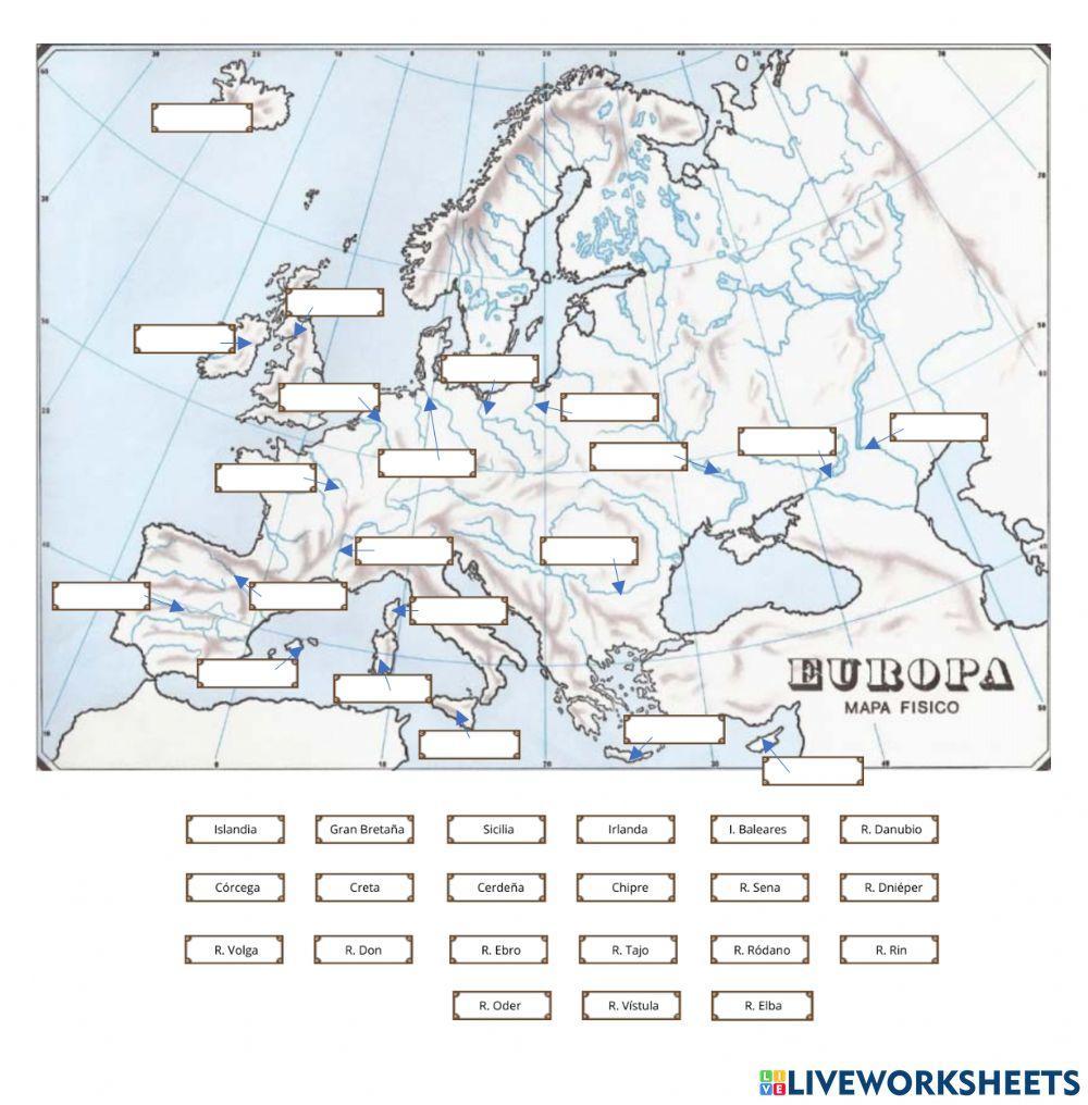 Mapa físico Europa ríos e islas