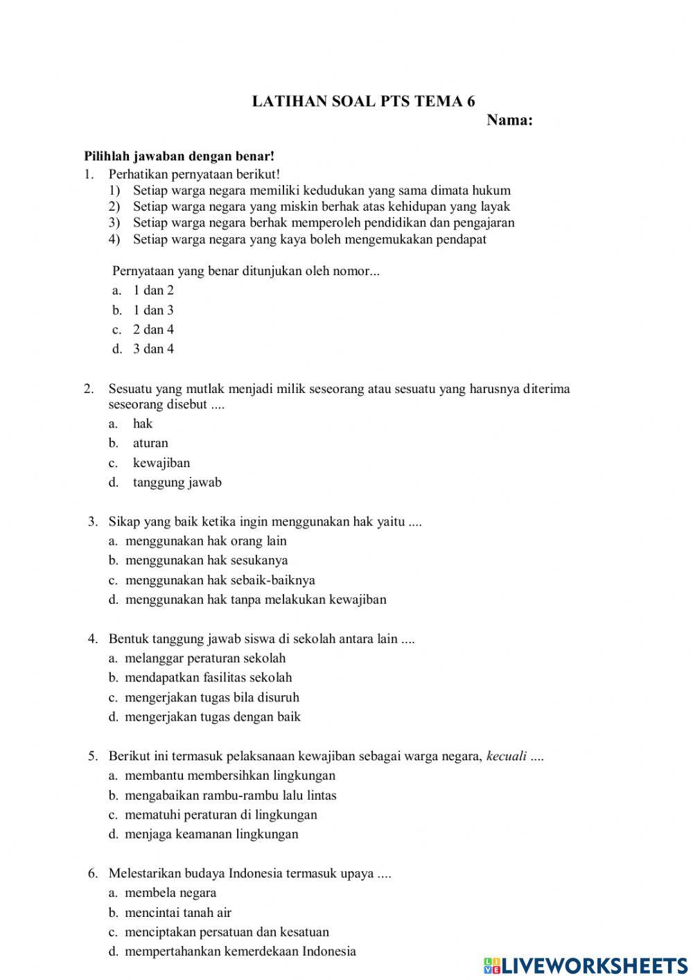 Latihan PTS Kelas 6 tema 6