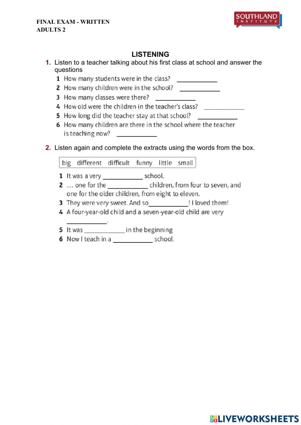 Adults 2 - Final exam - Listening -2023
