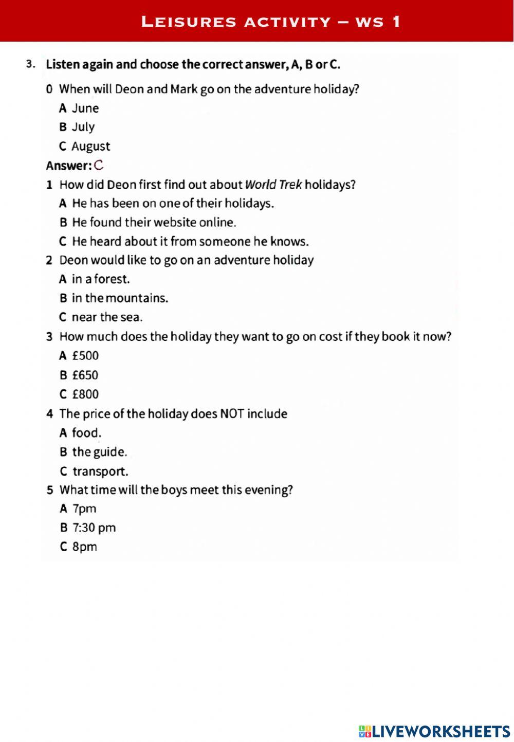 Leisure activities ws1