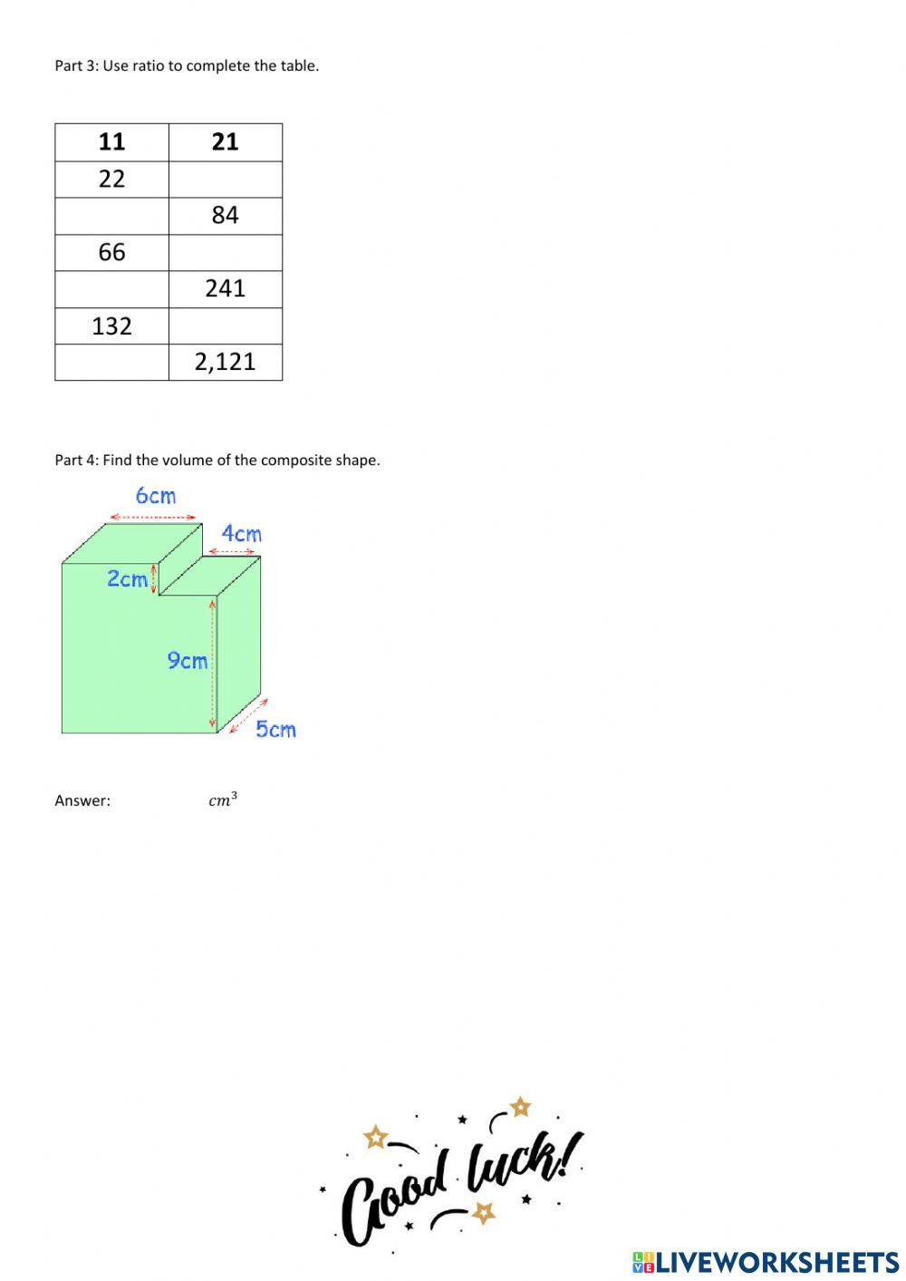 Volume, ratio, and pie charts quiz