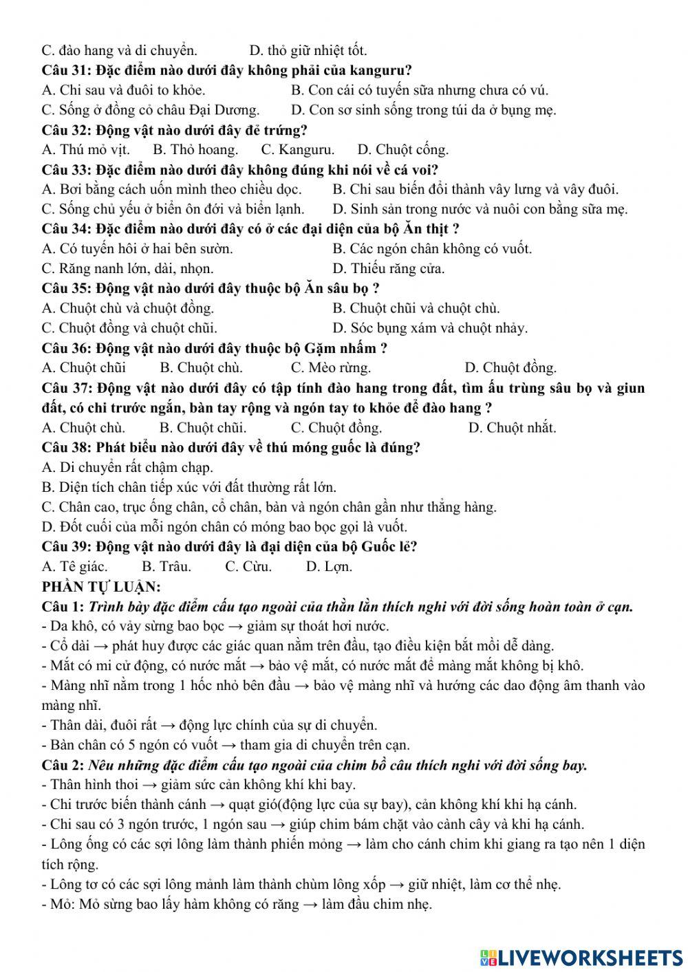 Đề cương sinh 7 giữa hk2