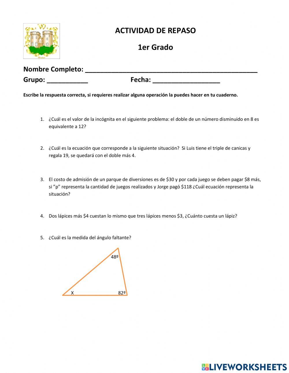 Actividad de Repaso 1 Primer Grado