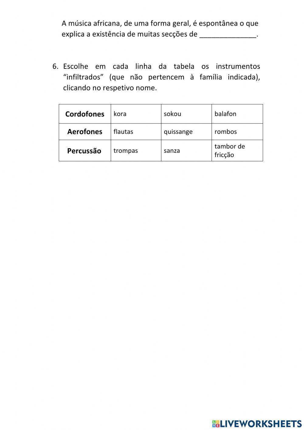 Ficha de trabalho - Música Africana