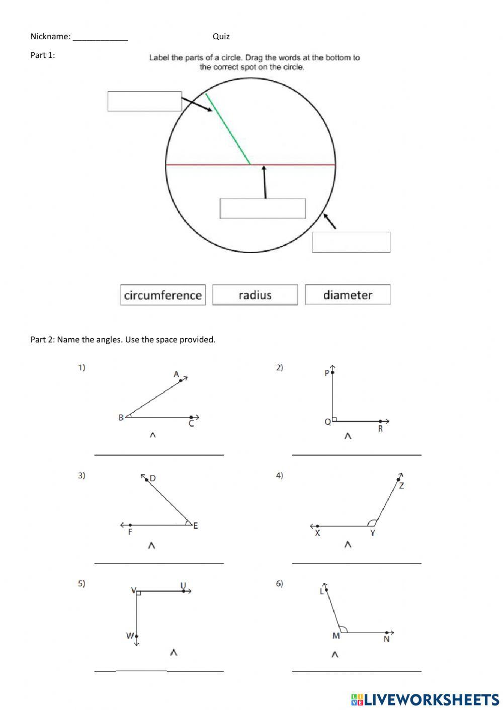 Circles, angles, area, and charts quiz