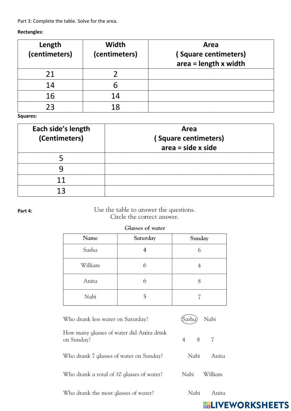 Circles, angles, area, and charts quiz