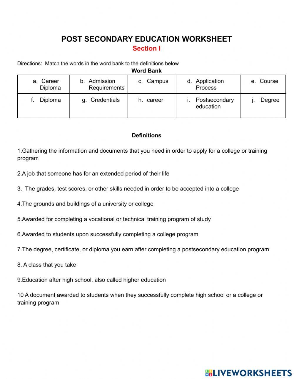 post-secondary-education-worksheet-live-worksheets