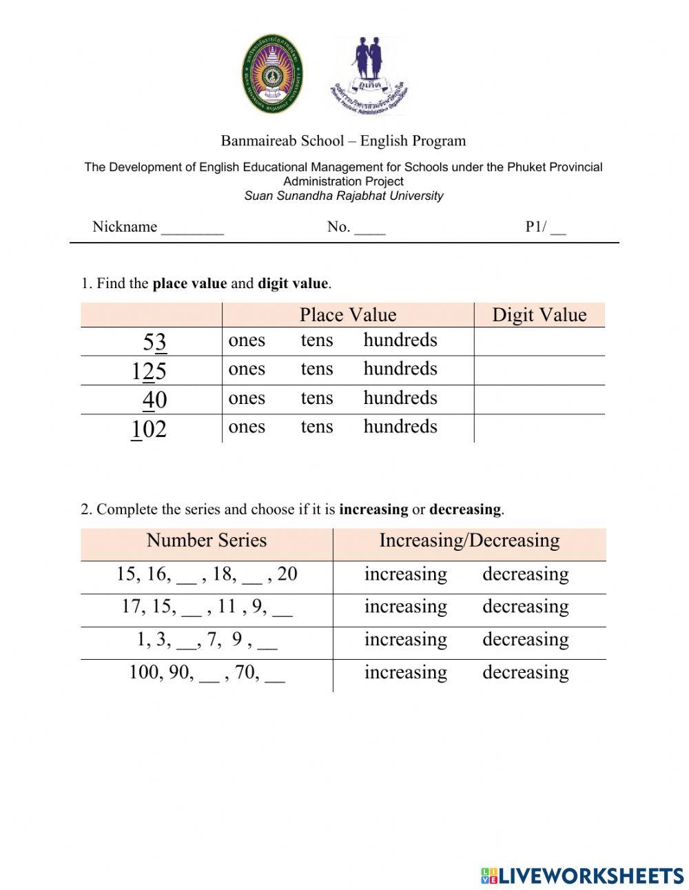 Addition and subtraction test exercise live worksheets
