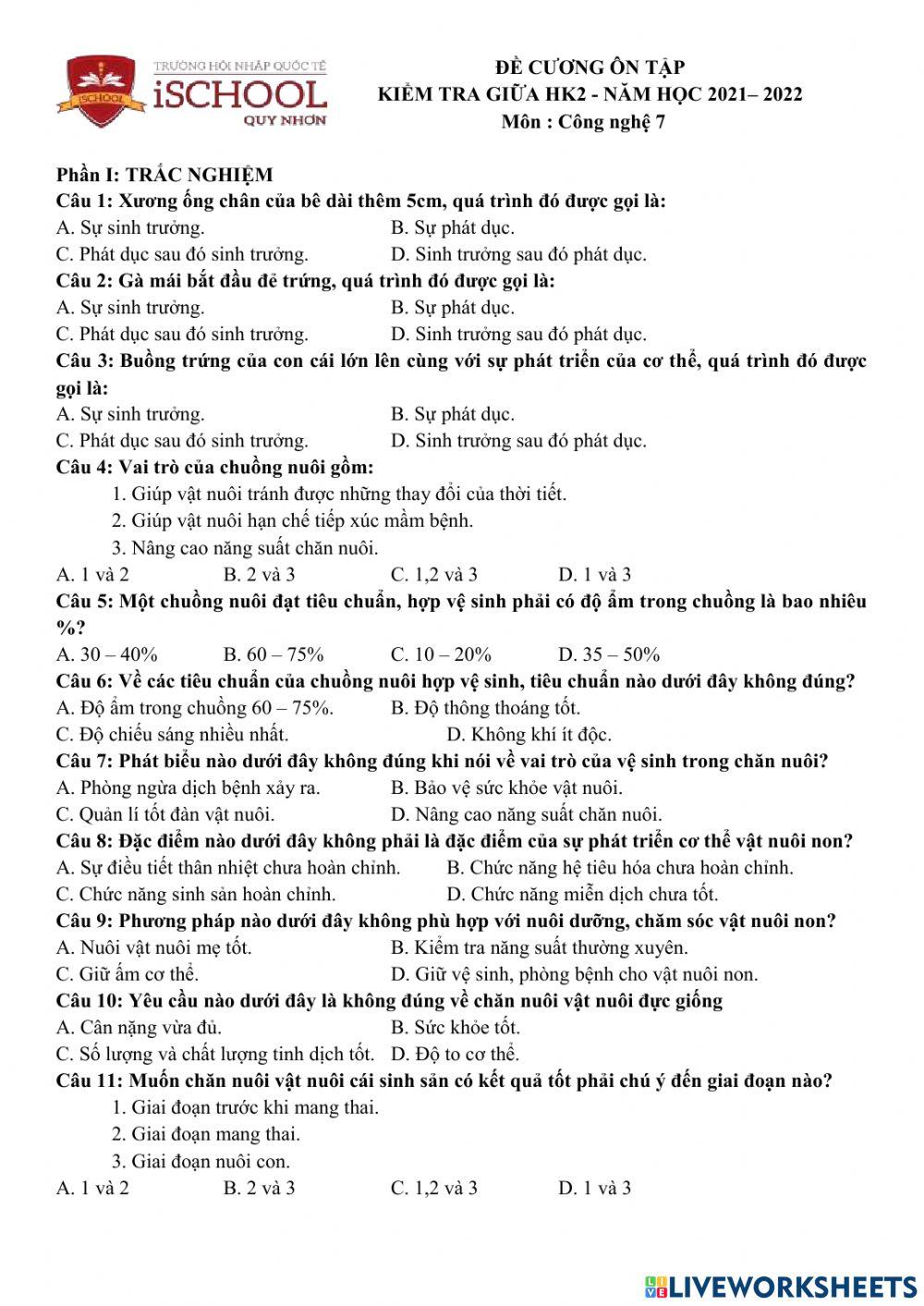 Đề cương gk2 công nghệ 7