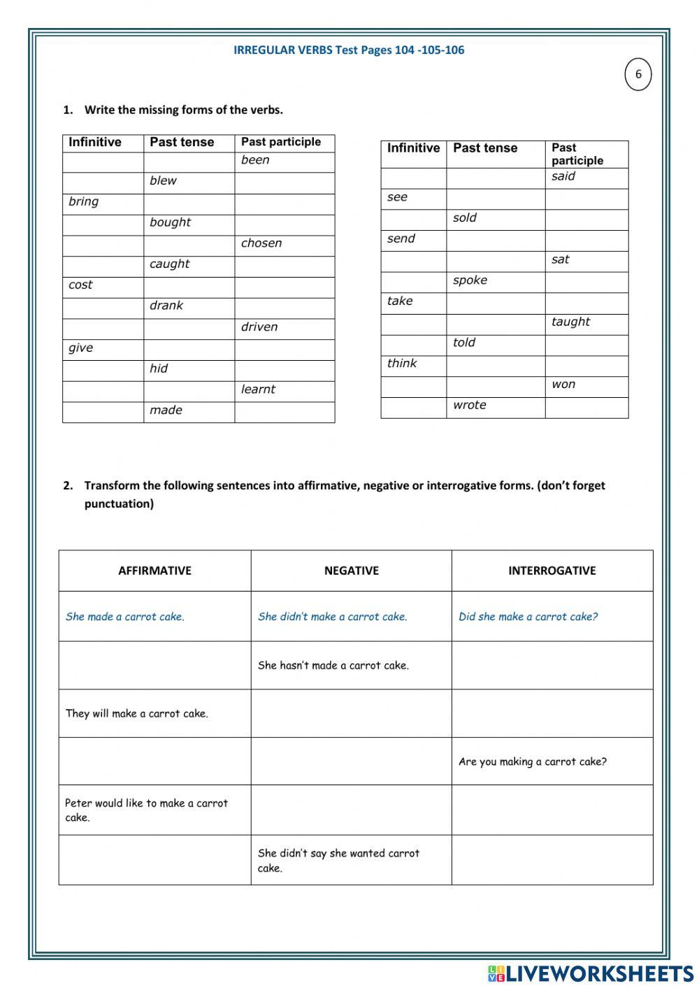 Irregular verbs and sentences