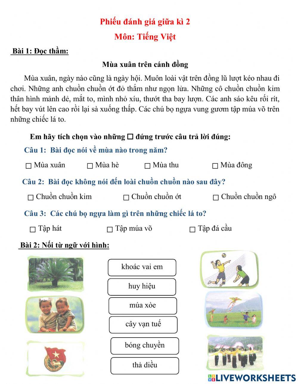 Phiếu đánh giá giữa kì 2 - môn Tiếng việt