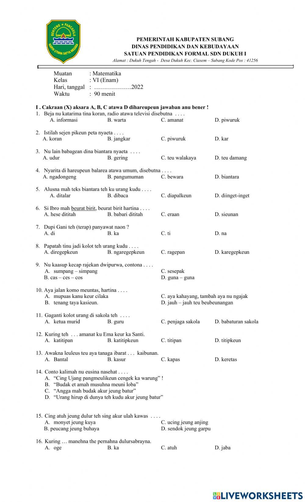 Soal PTS B.Sunda Semester 2 Kelas 6