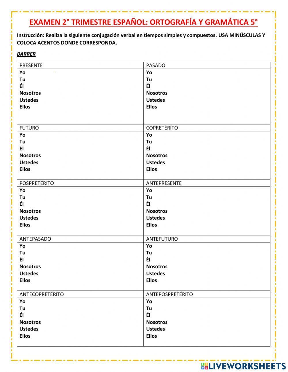 Examen de ortografía y gramática 2° trimestre