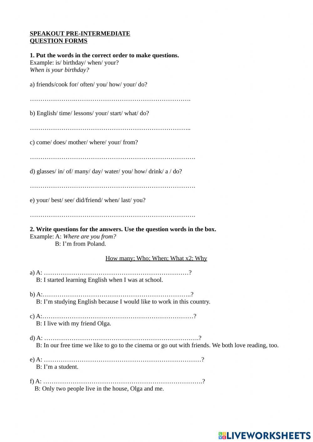 Speakout Pre intermediate Question forms