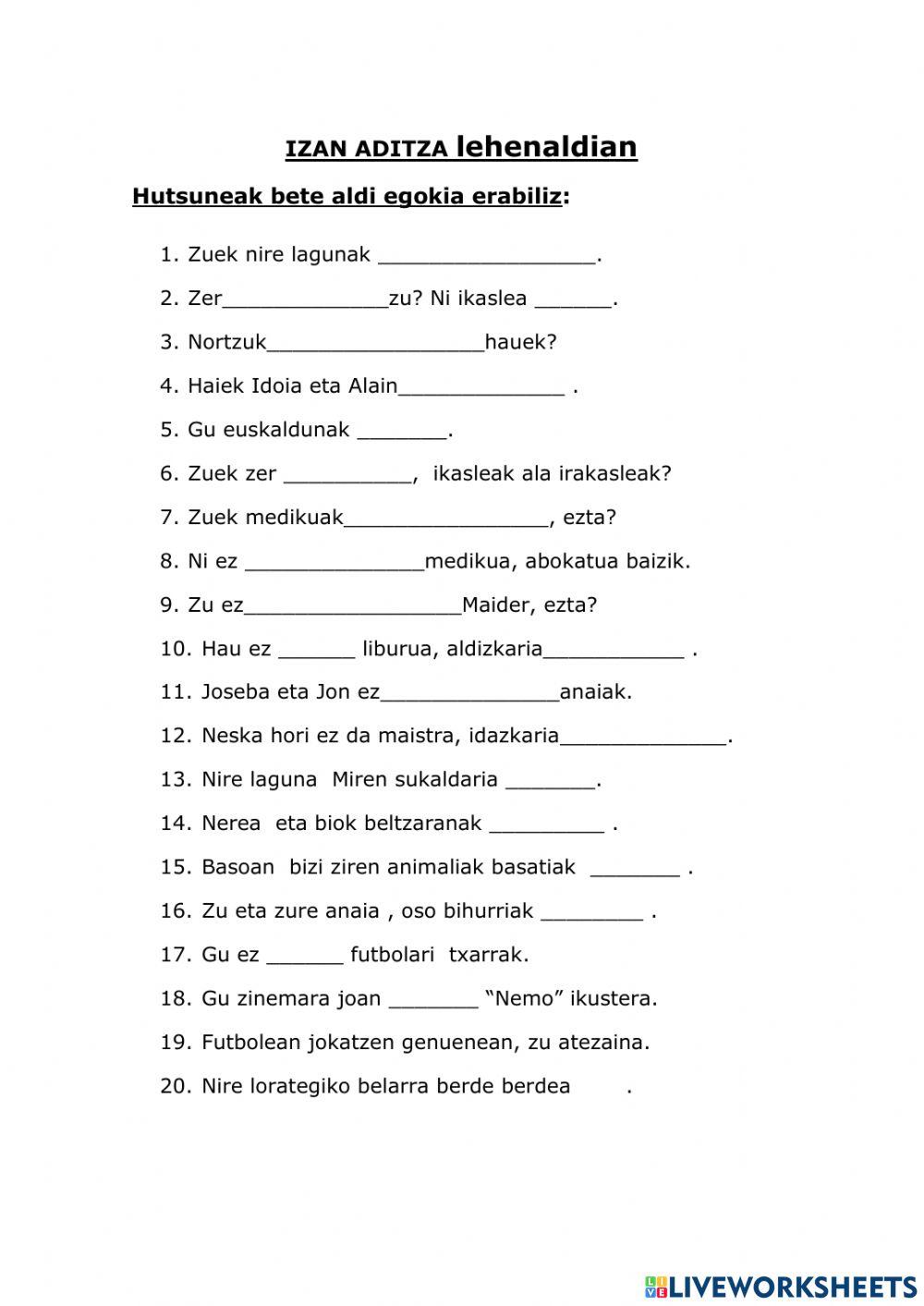 Izan aditza 1 lehenaldian